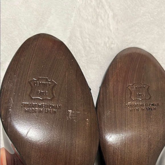 Stuart Weitzman Women's Dark Brown Peep Toe Heels - Picture 6 of 10